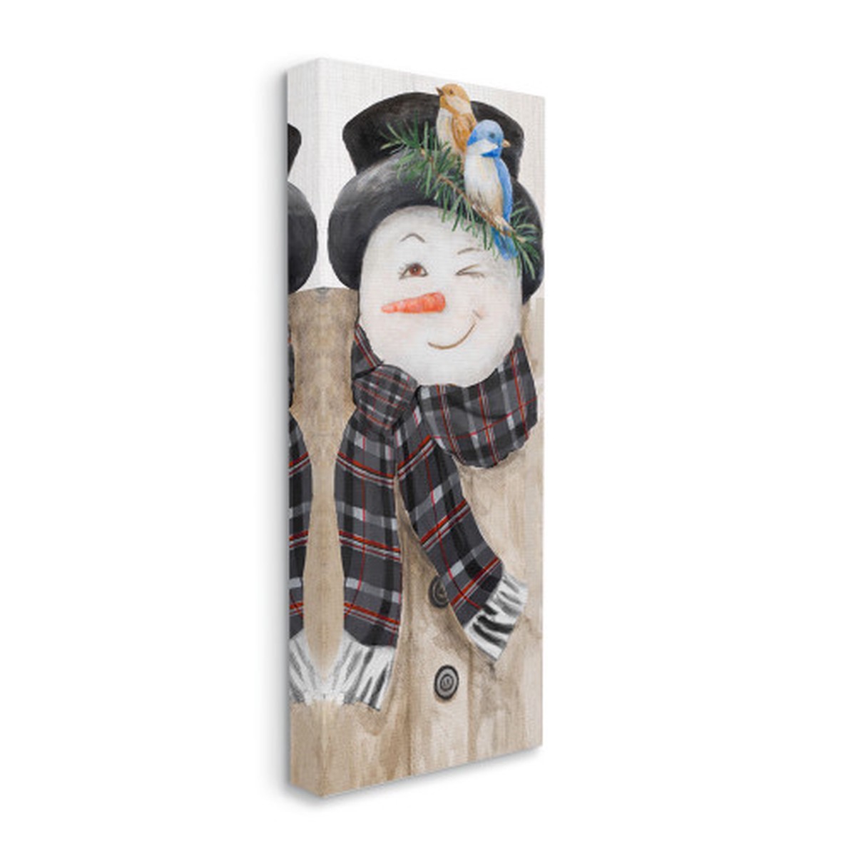 White and Brown Snowman Wink Winter Birds Stretched Canvas Wall Art 30" x 13"