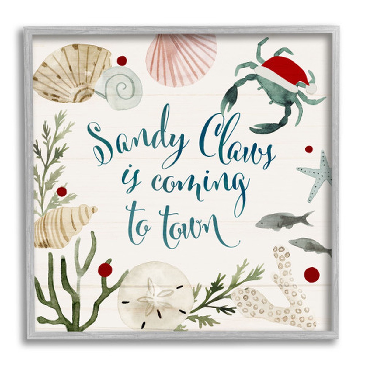 White and Gray Santa Claus Nautical Beach Holiday Sandy Square Framed Christmas Wall Art 12"