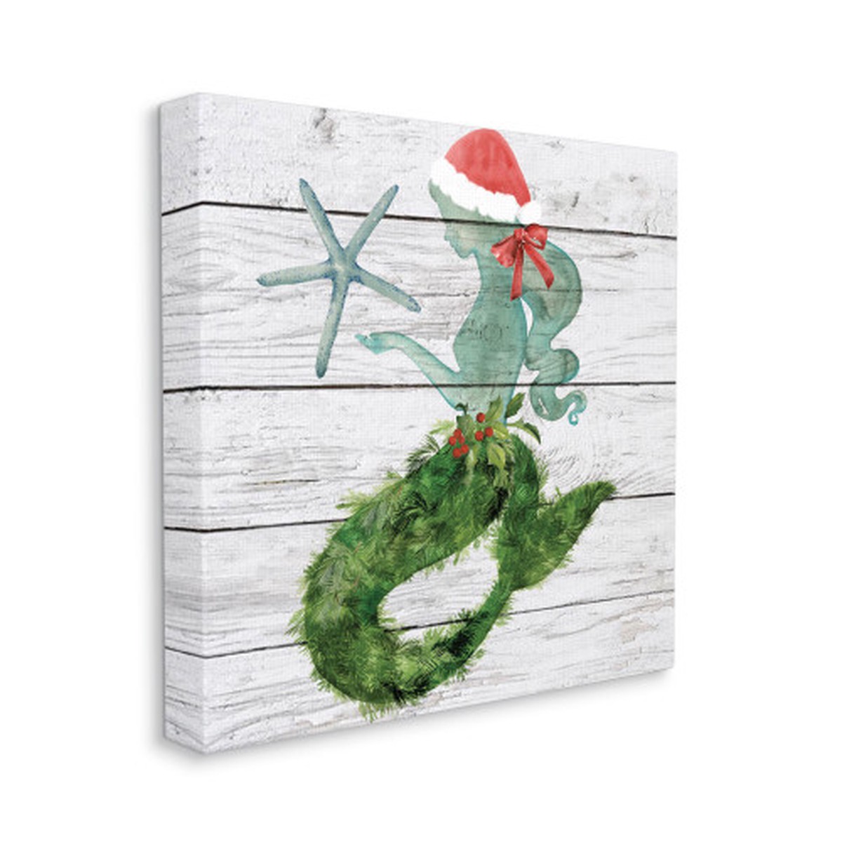 White and Green Christmas Mermaid Holly Floral Pine Stretched Wall Art Decor 30" x 30"