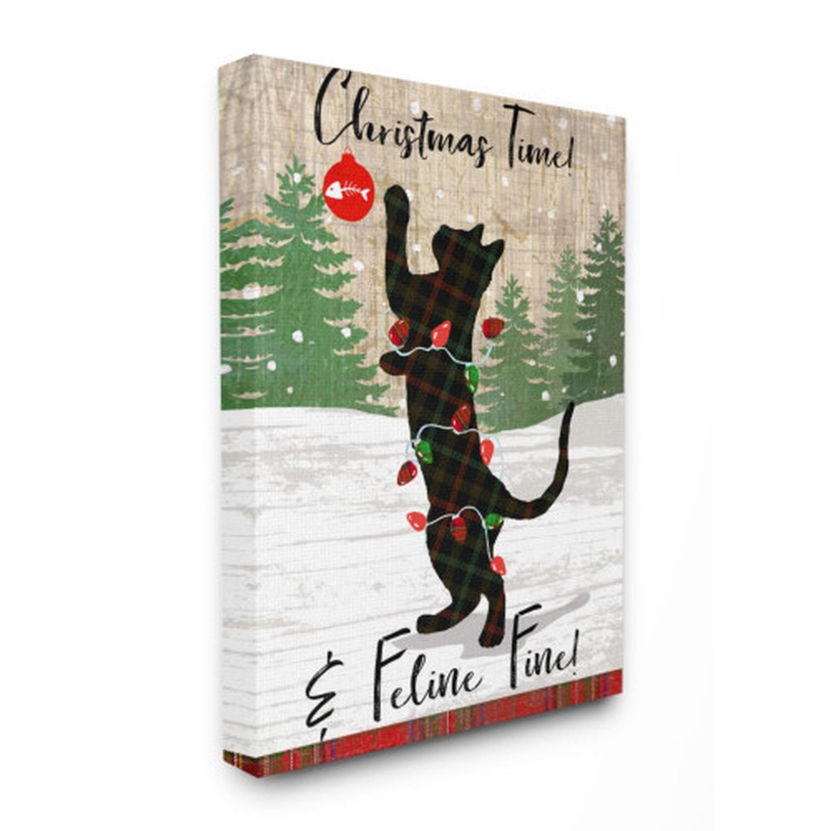 White and Green Christmas Time Phrase Family Cat Scene Rectangular Wall Art Decor 40" x 30"