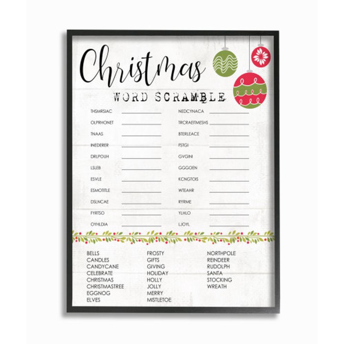White and Green Christmas Word Scramble Activity Framed Giclee Texturized Wall Art Decor 20" x 16"