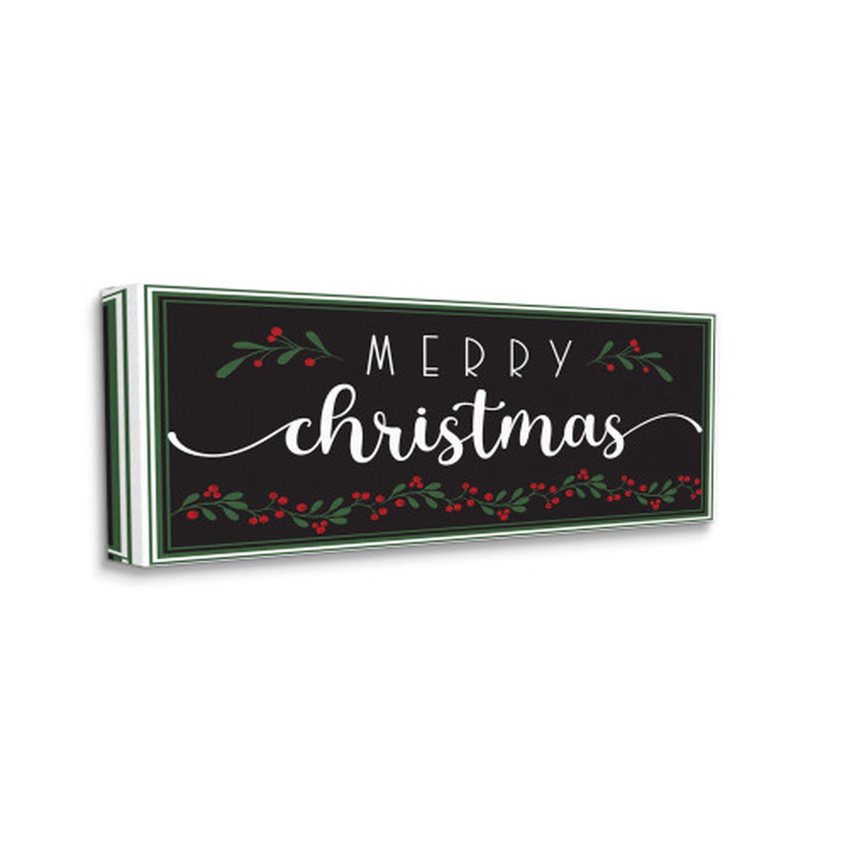 White and Green Merry Christmas Phrase over Black Festive Rectangular Wall Art 30" x 13"