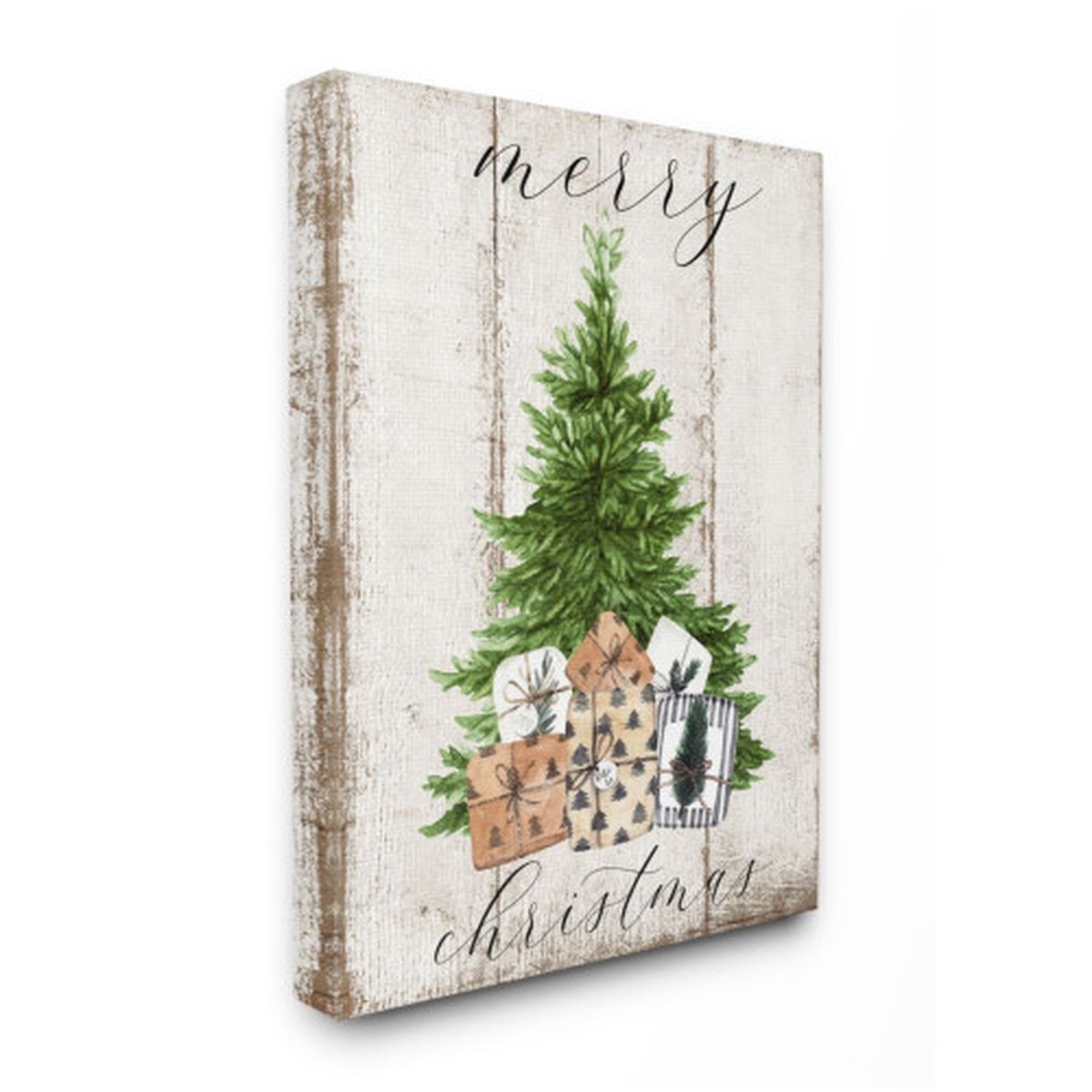 White and Green Rustic Merry Christmas Tree Illustration Rectangular Wall Art 20" x 16"