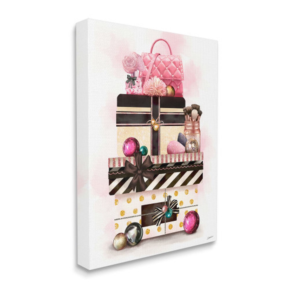 White and Pink Fashion Gift Stack Christmas Accessories Stretched Wall Art Decor 48" x 36"