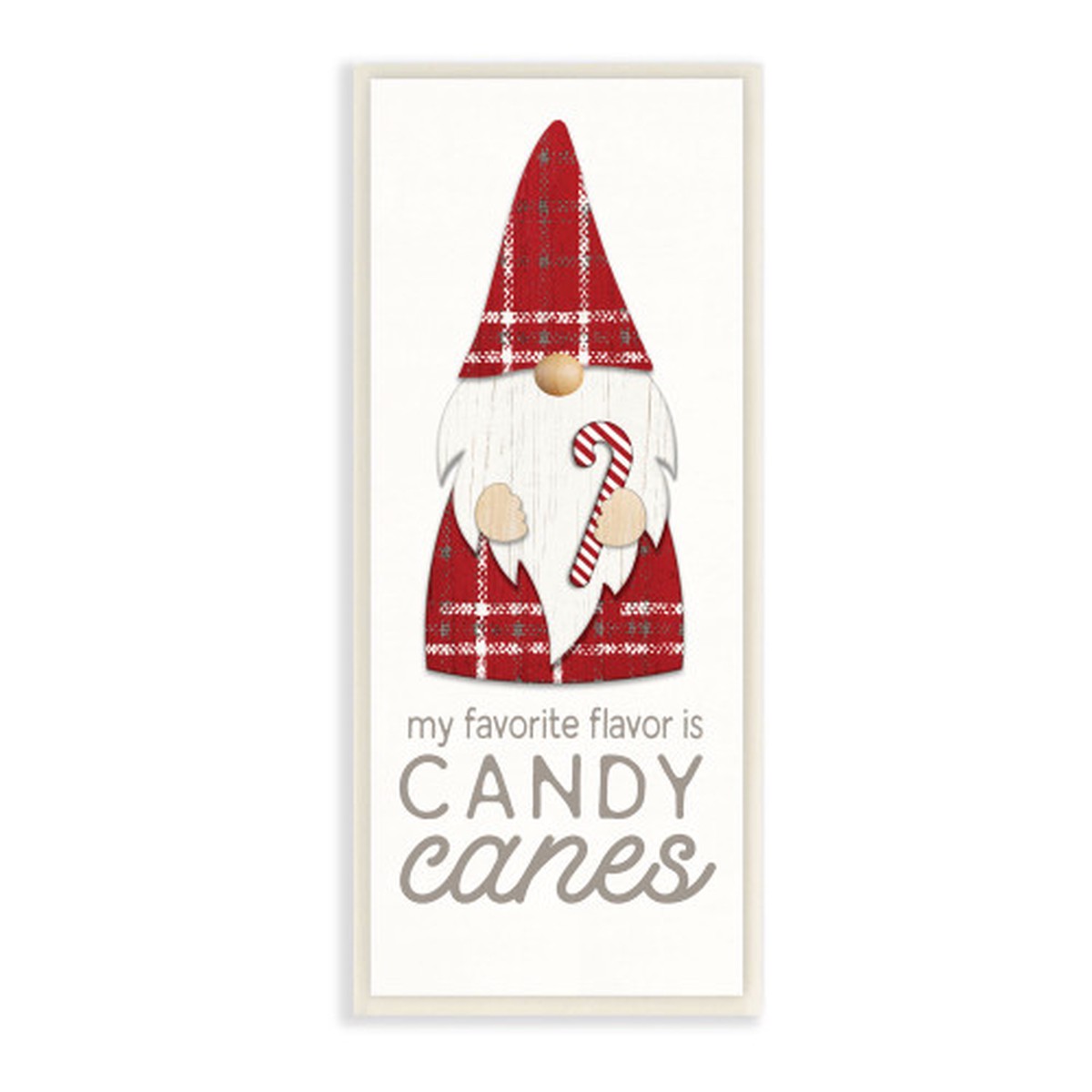 White and Red Candy Canes Plaid Christmas Gnome Rectangular Wall Plaque Art Decor 17" x 7"