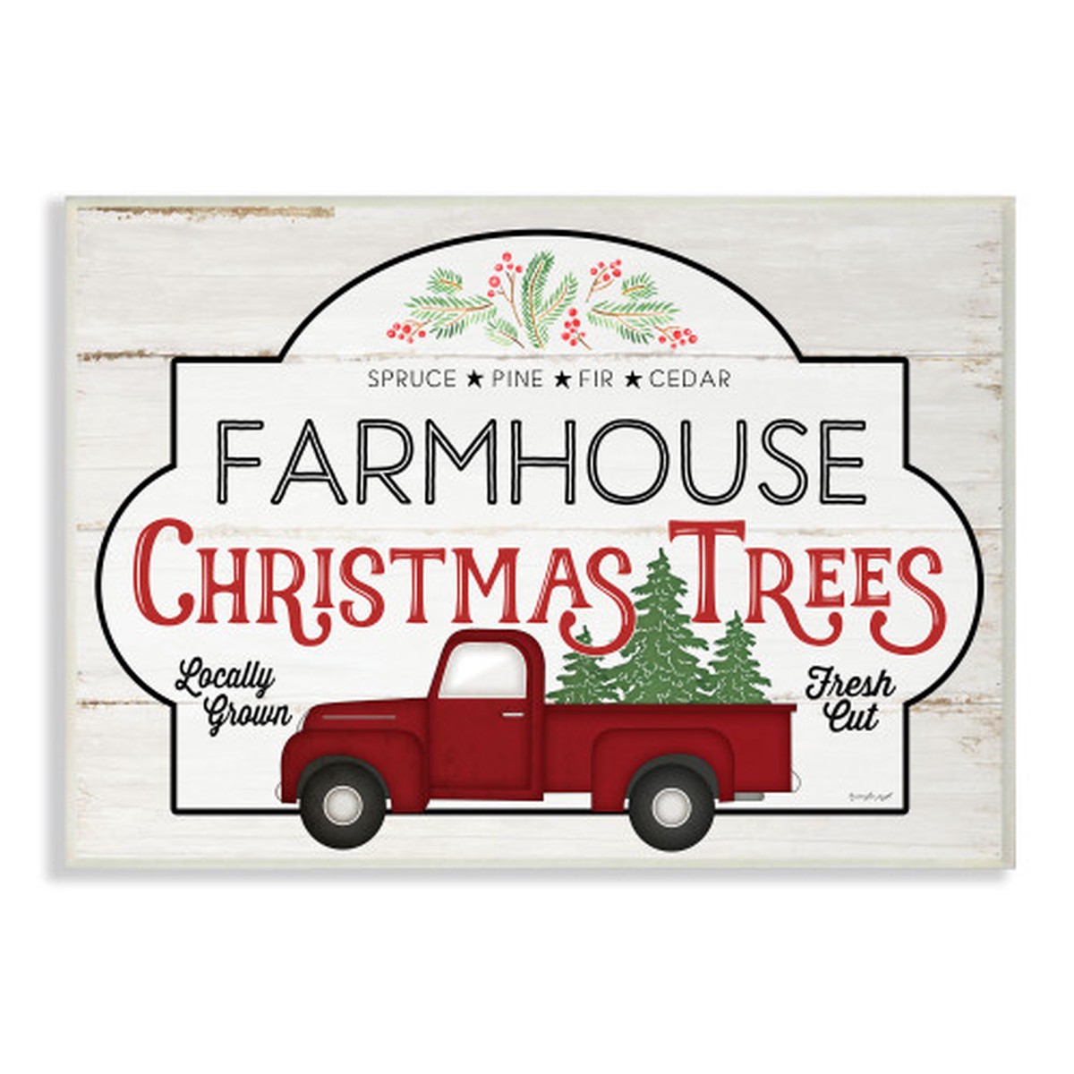 White and Red Farmhouse Christmas Tree Framed Giclee Texturized Wall Plaque 13" x 19"