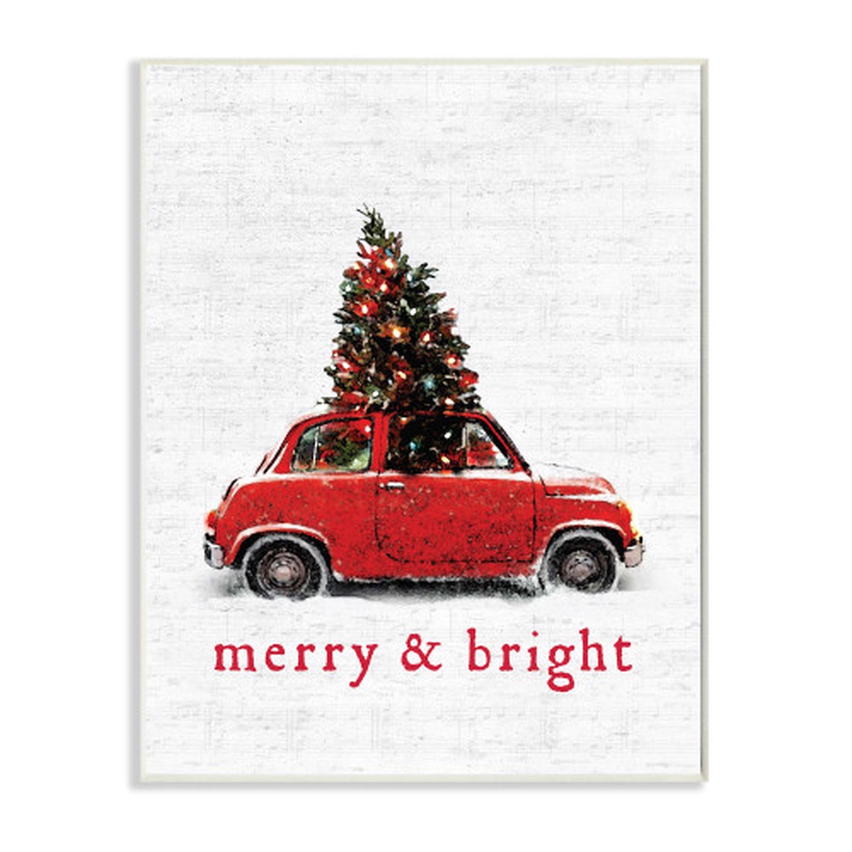 White and Red Merry Bright Vintage Christmas Car Rectangular Wall Plaque Art 19" x 13"