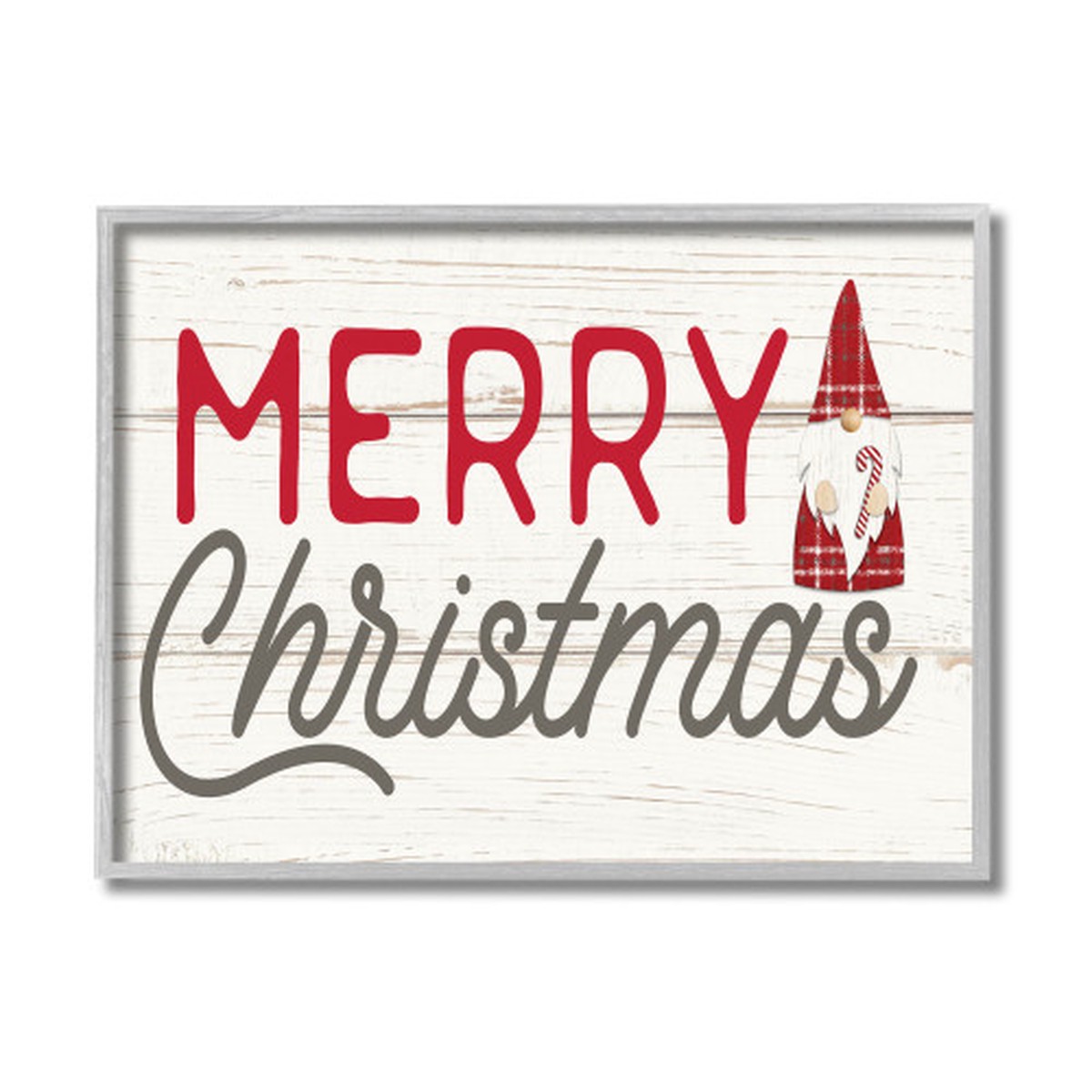 White and Red Merry Christmas Gnome Farmhouse Rustic Framed Rectangular Wall Art Decor 20" x 16"