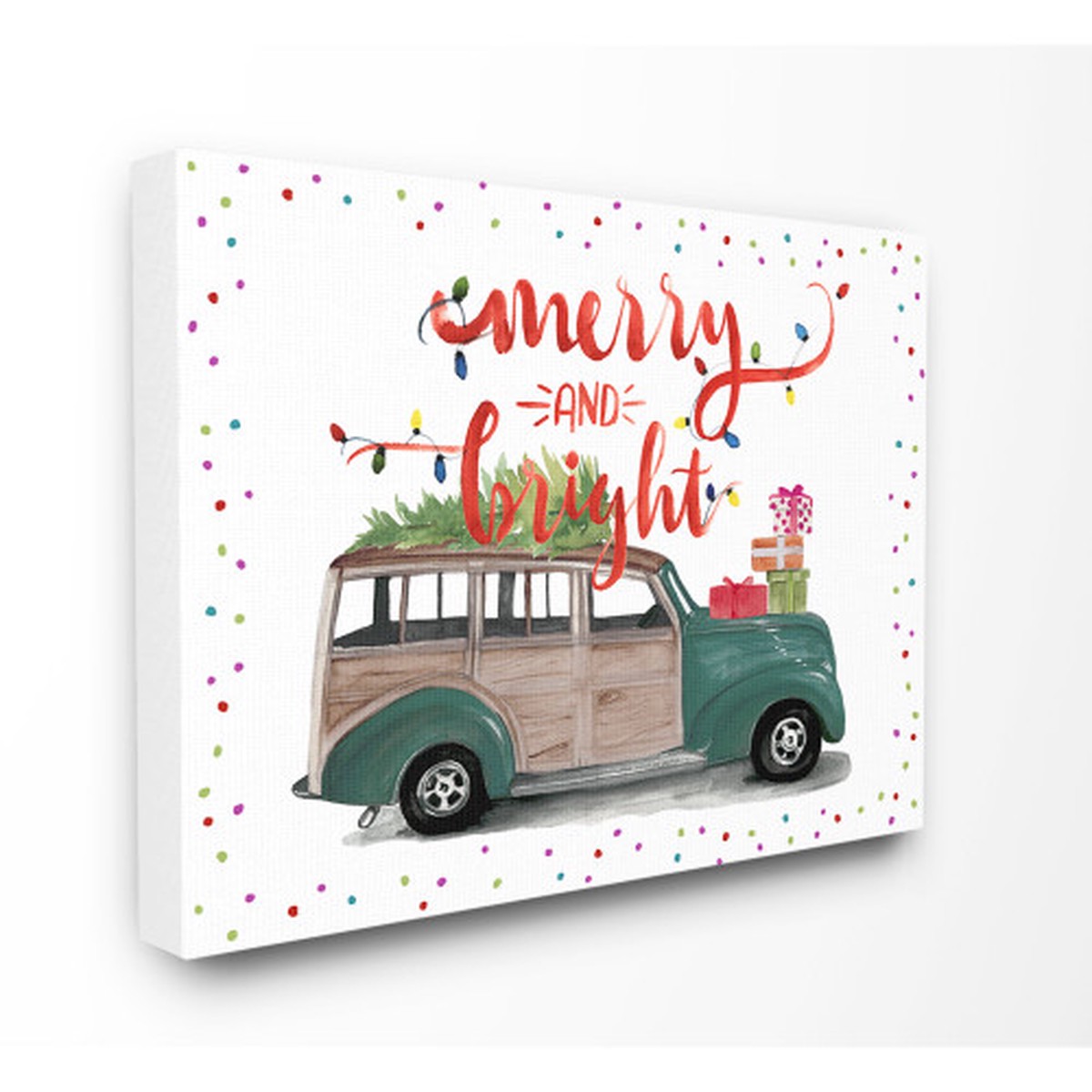 White Merry And Bright Green Car with Tree Gifts Rectangular Canvas Wall Art 30" x 24"