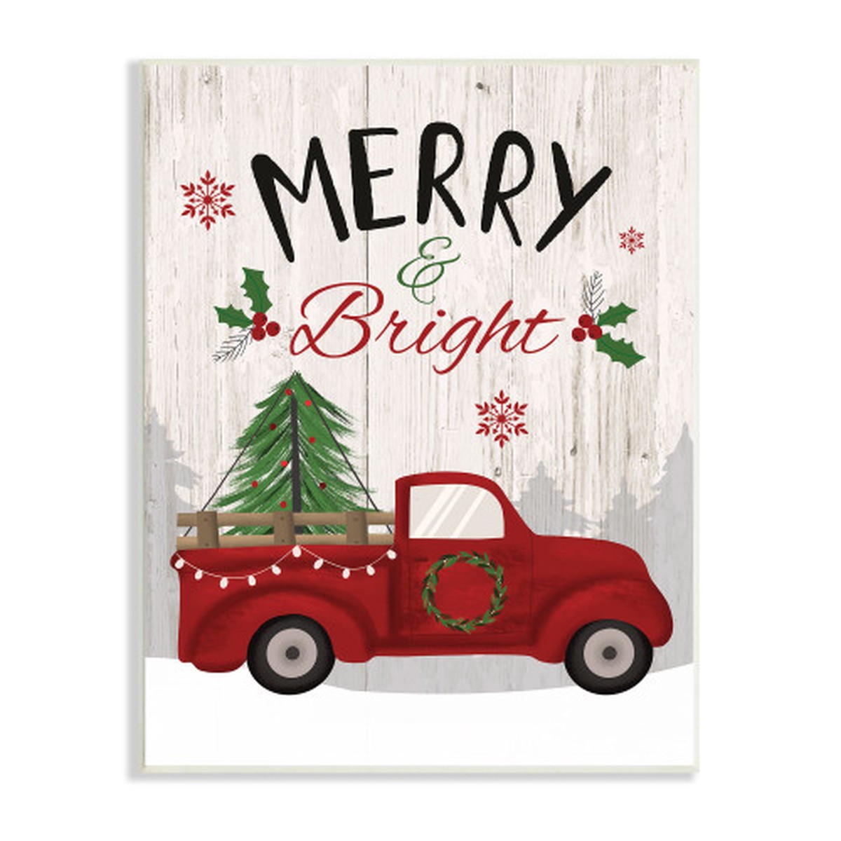 White Merry and Bright Phrase Red Truck Rectangular Wall Plaque Art 15" x 10"