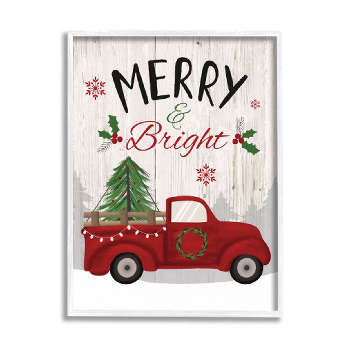White Merry and Bright Red Truck Rectangular Framed Wall Art 30" x 24"