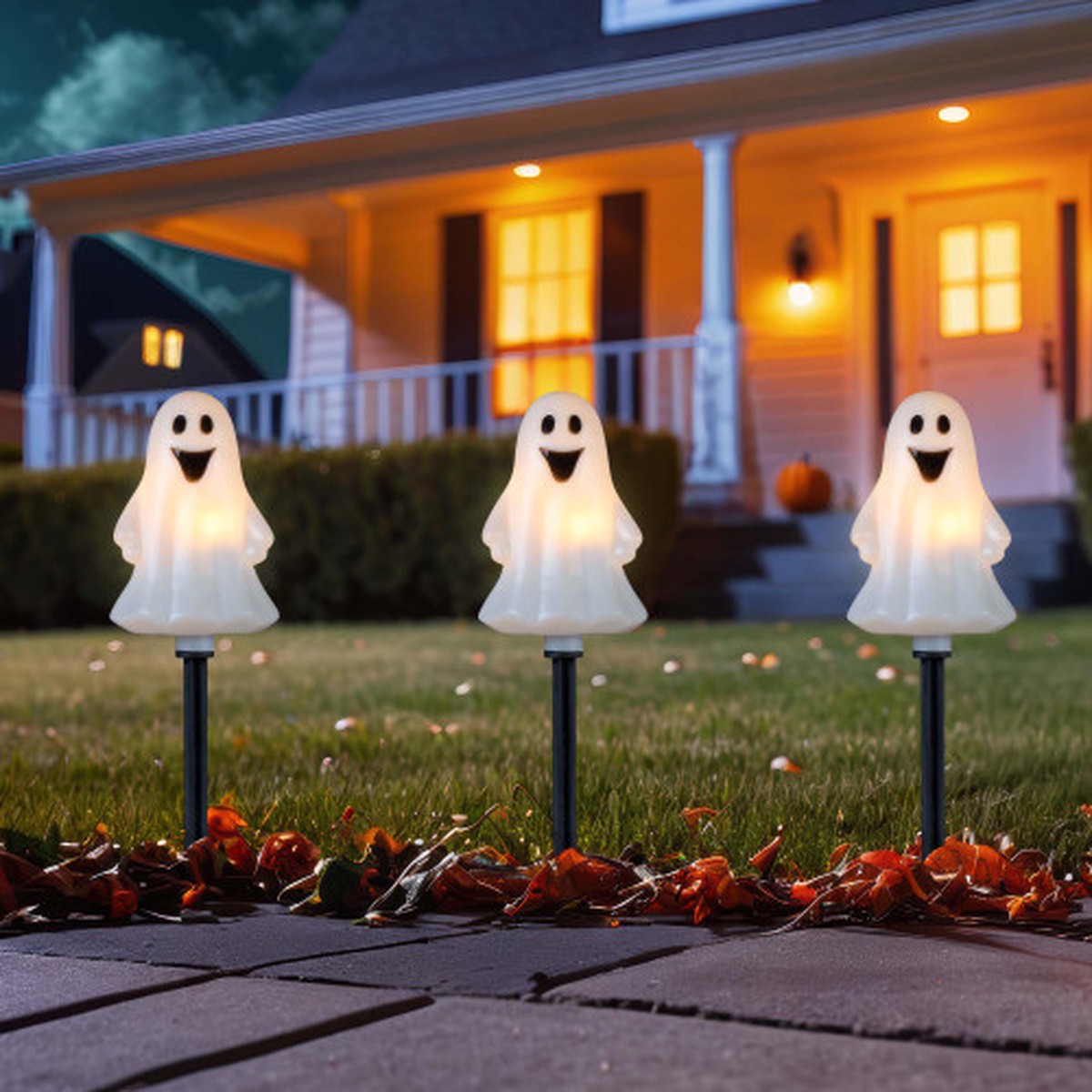 13" Lighted Ghost Shaped Halloween Outdoor Pathway Markers - White - Set of 5