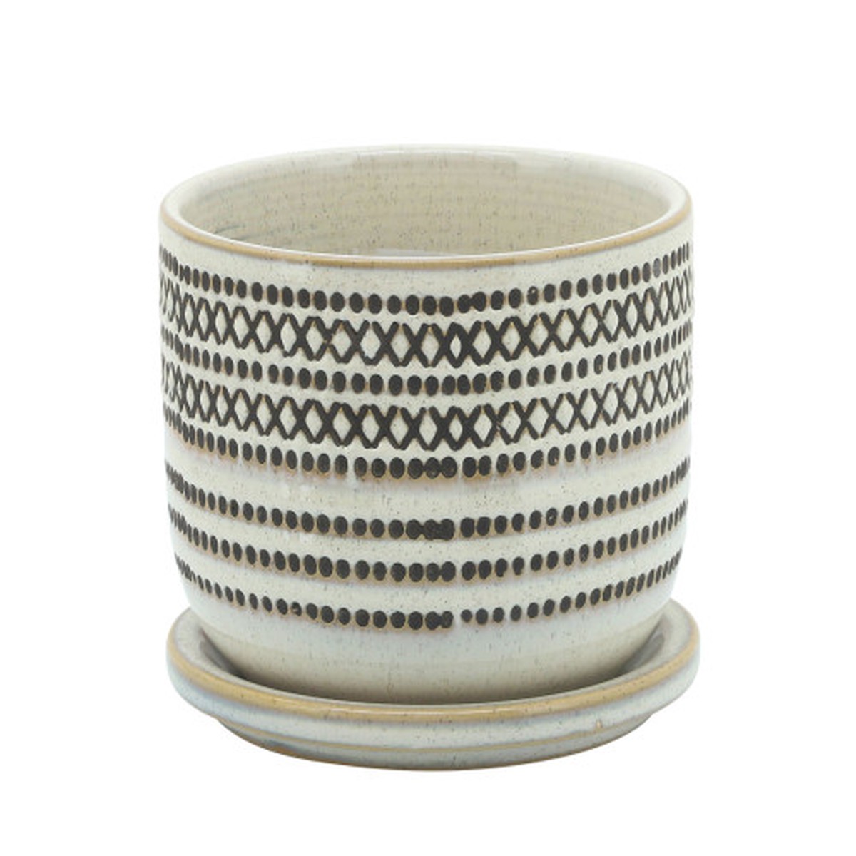6" Ivory and Black Etched Ceramic Planter with Saucer