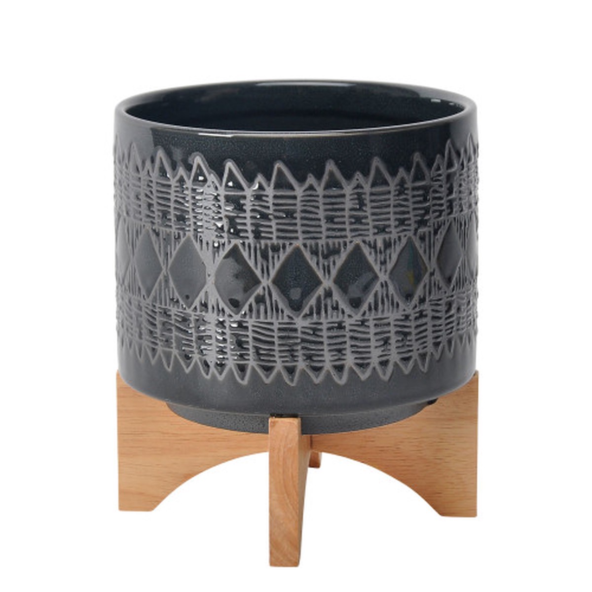 Aztec Ceramic Planter on Stand - 9" - Black and Beige