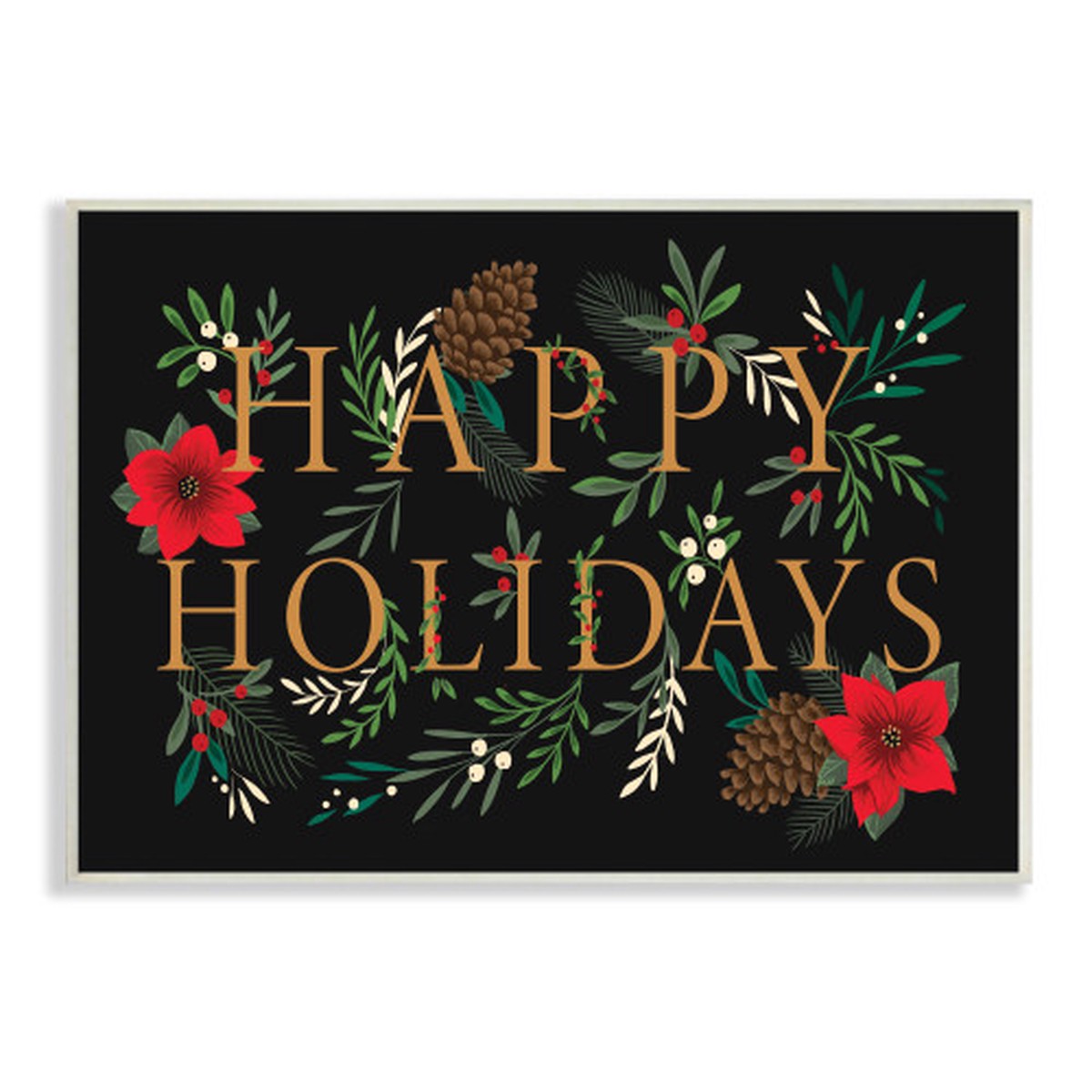 Black and Green Happy Holidays Winter Foliage Wall Plaque Art 13" x 19"