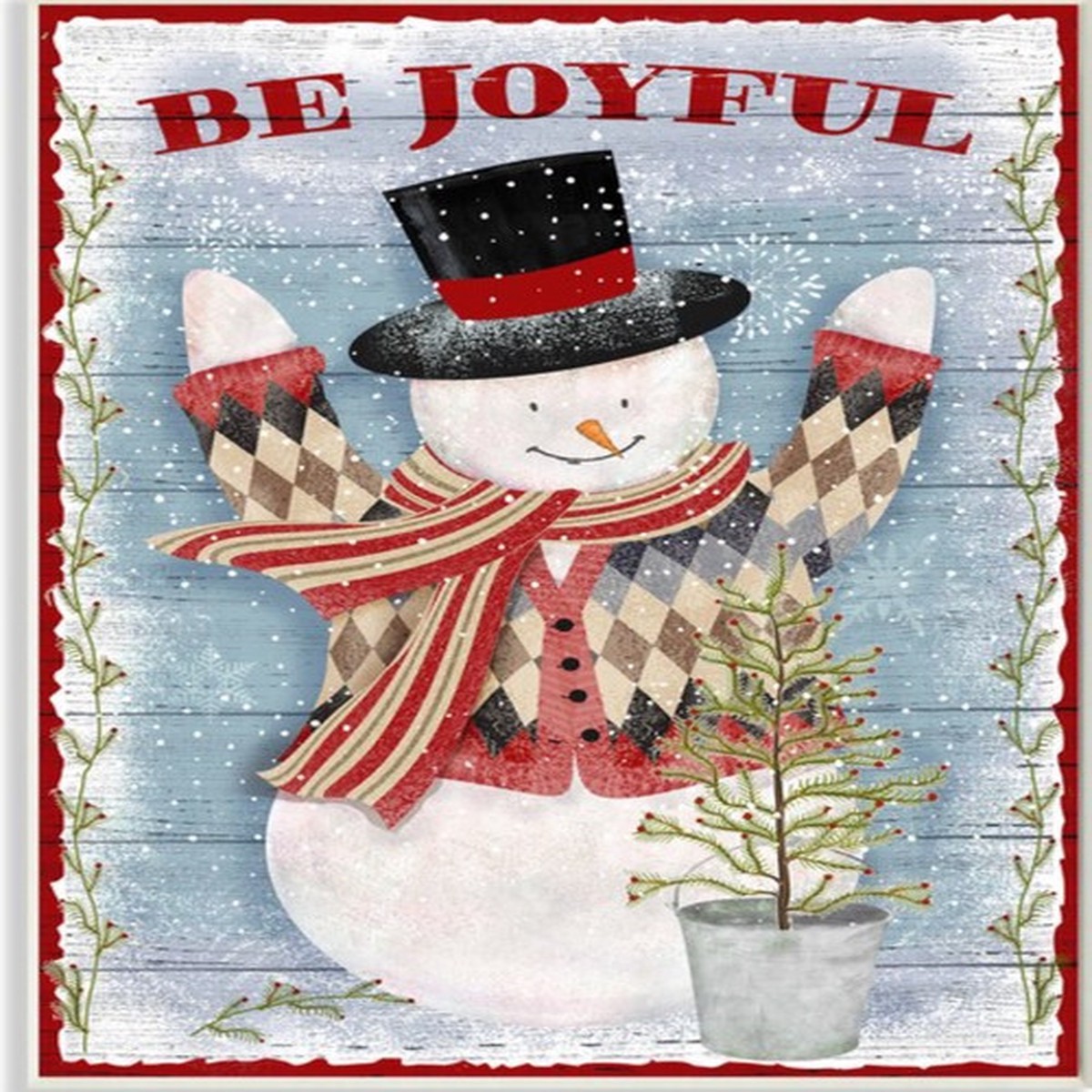 Blue and Red "Be Joyful" Snowman Christmas Tree Wall Plaque Art Decor 19" x 13"