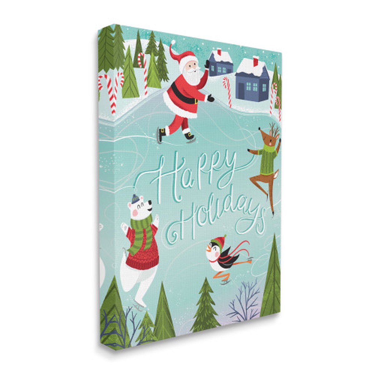 Blue and Red Happy Holidays Phrase Skating Animals Rectangular Canvas Wall Art 20" x 16"
