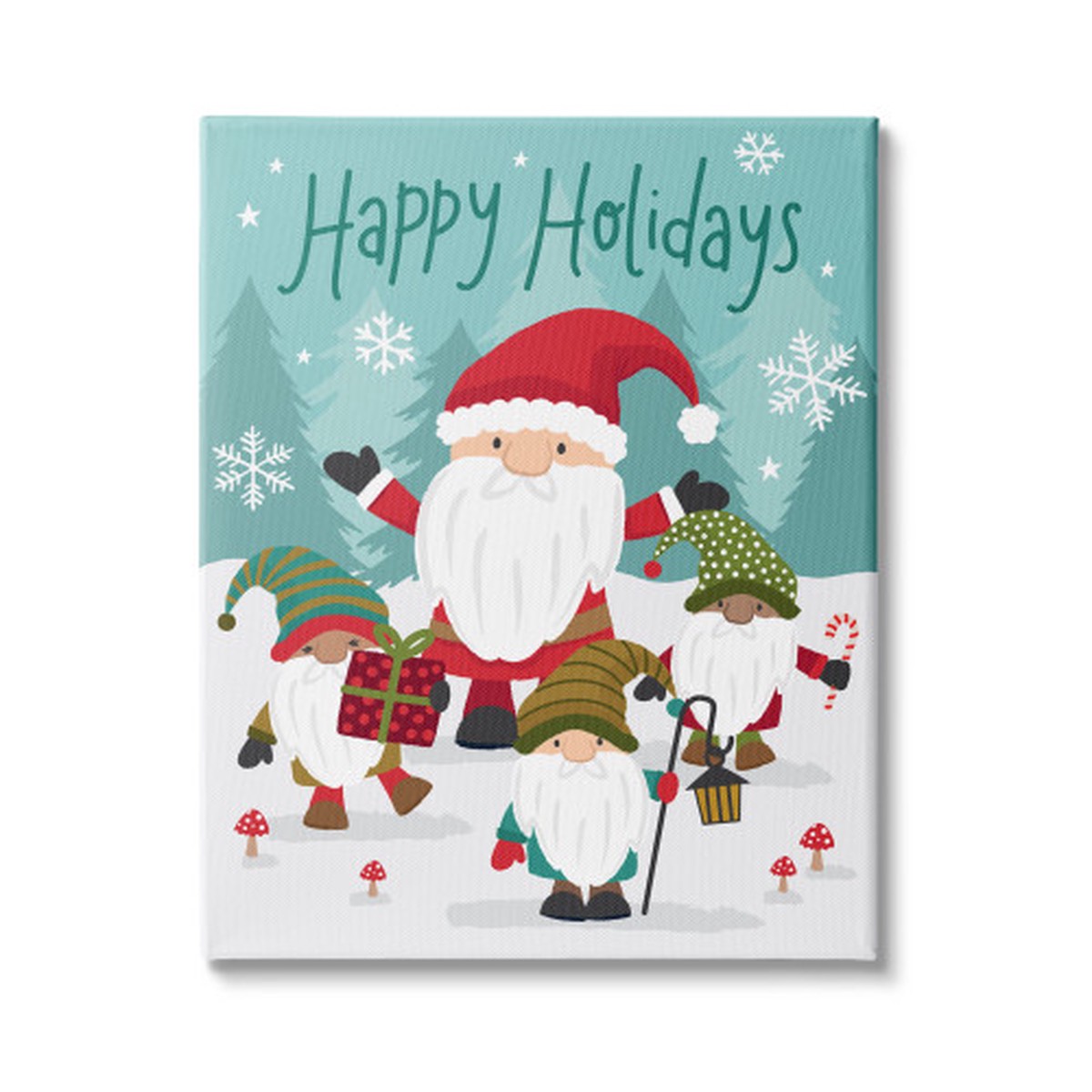 Blue and Red Happy Holidays Santa Claus Gnomes Rectangular Canvas Wall Art 20" x 16"