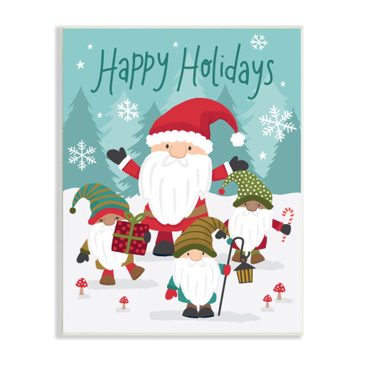 Blue and Red Happy Holidays Santa Claus Gnomes Rectangular Wall Plaque Art 15" x 10"