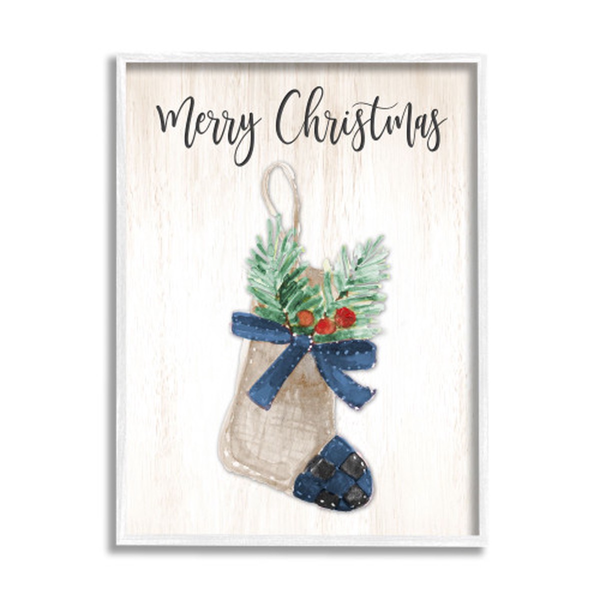 Blue and White "Merry Christmas" Plaid Holiday Stocking Framed Wall Art 20" x 16"
