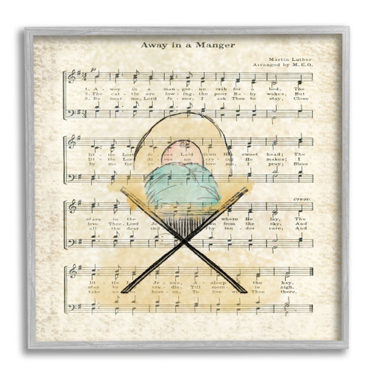 Brown and Blue Baby Jesus Cradle Musical Script Gray Framed Wall Art 12" x 12"