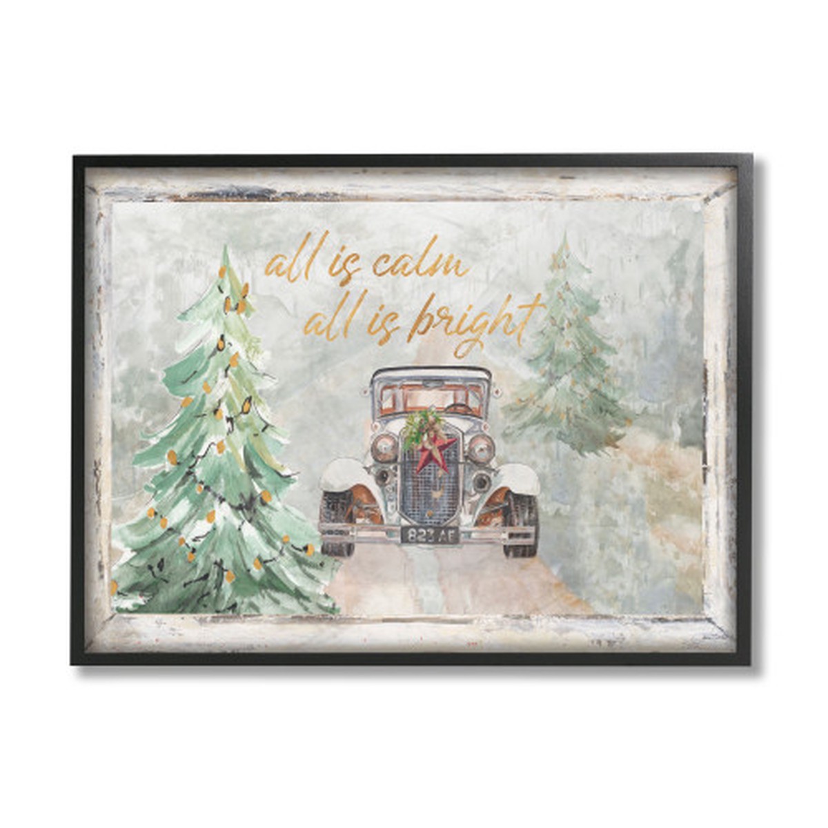 Brown and Green All Is Calm Vintage Christmas Country Road Rectangular Framed Wall Art 20" x 16"