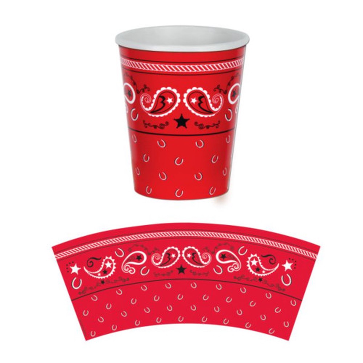 Club Pack of 96 Red and White Paisley Bandana Disposable Paper Drinking Party Tumbler Cups 9 oz.