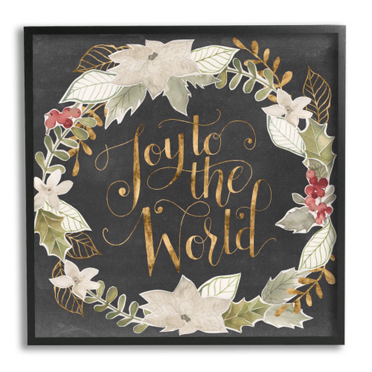 Gray and Black "Joy to the World" Wreath Framed Christmas Wall Art 24" x 24"