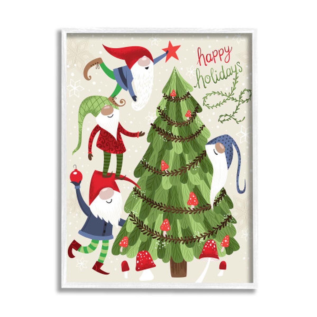 Green and Red Happy Holidays Gnomes Tree Rectangular White Framed Wall Art 20" x 16"