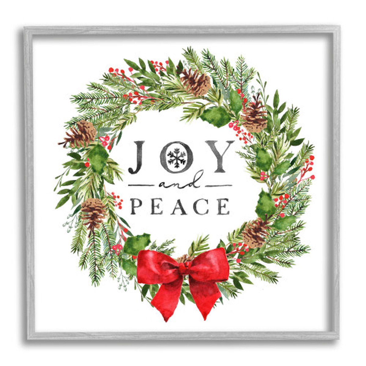 Green Joy and Peace Pine Wreath Oversized Gray Framed Square Wall Art 24" x 24"