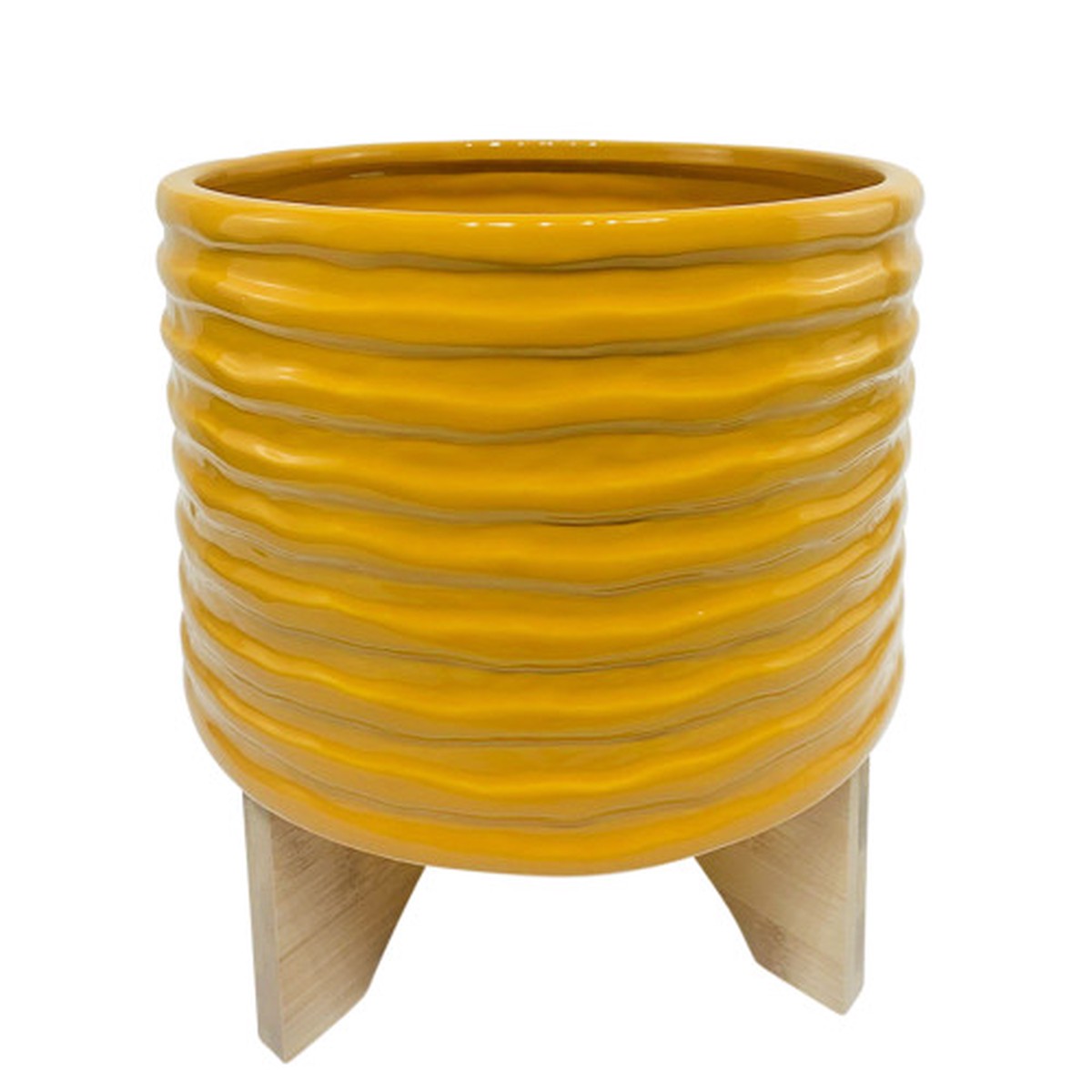 Groove Textured Ceramic Planter with Stand - 8" - Yellow and Beige
