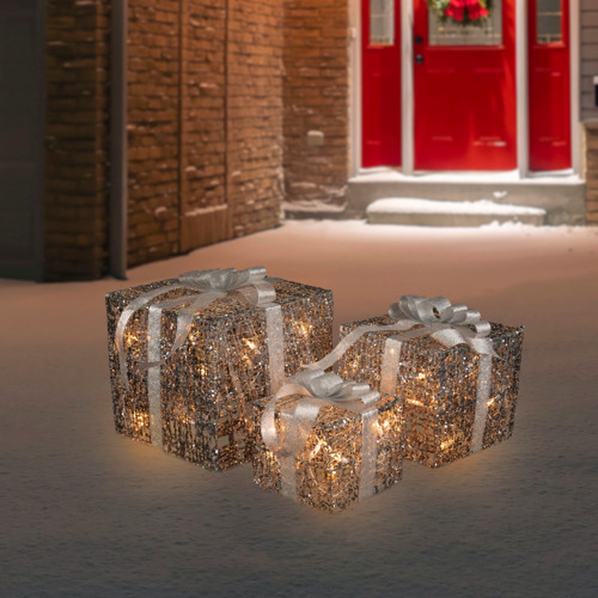 Lighted Glitter Threaded Gift Boxes Outdoor Christmas Decoration - Silver - Set of 3