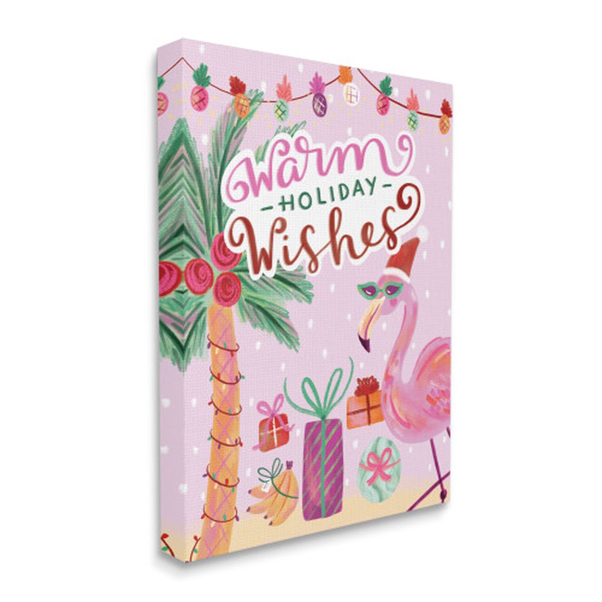 Pink and White Warm Holiday Wishes Phrase Tropical Flamingo Rectangular Wall Art 30" x 24"