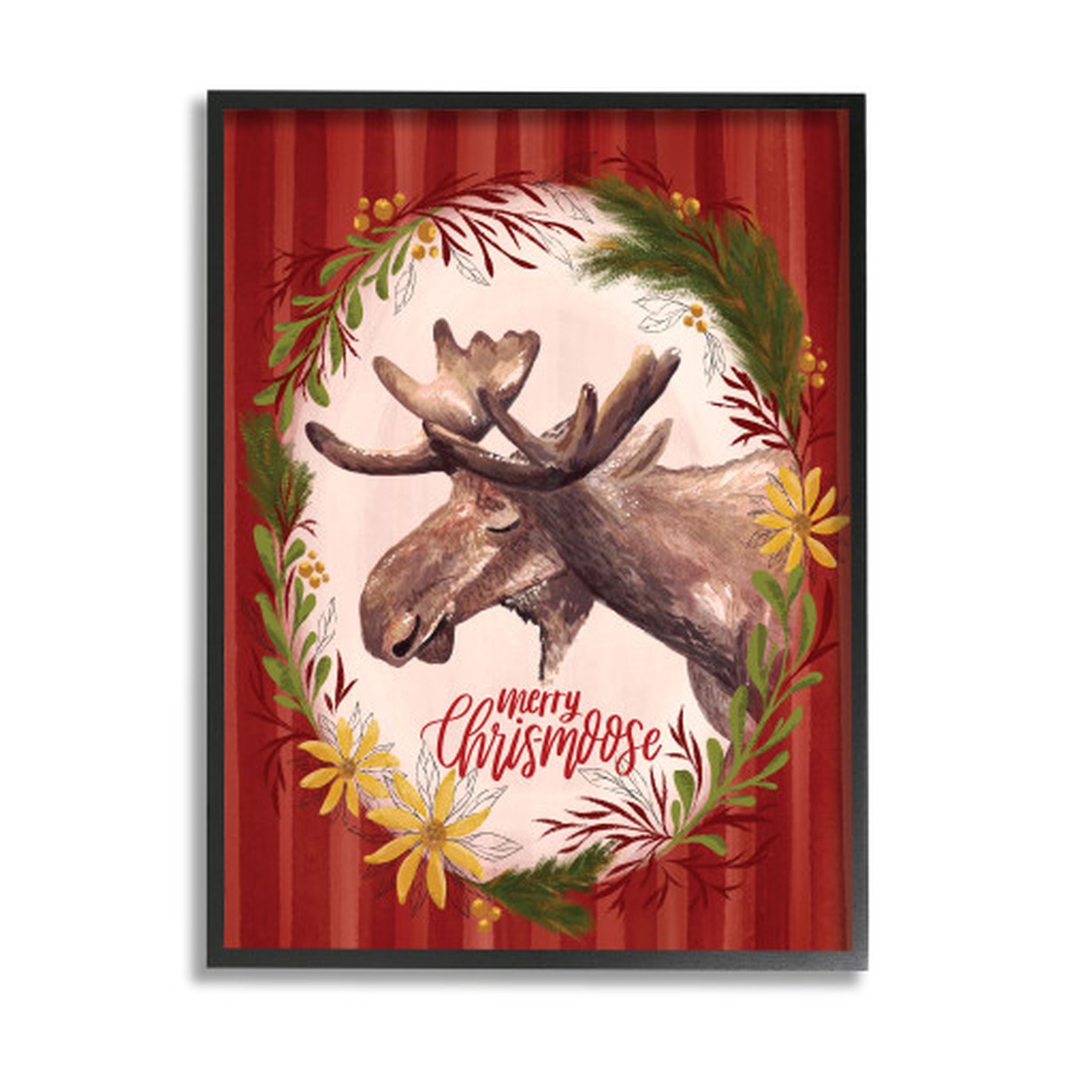 Red and Black Merry Christmas Moose Holiday Wreath XXL Framed Giclee Texturized Wall Art 30" x 24"
