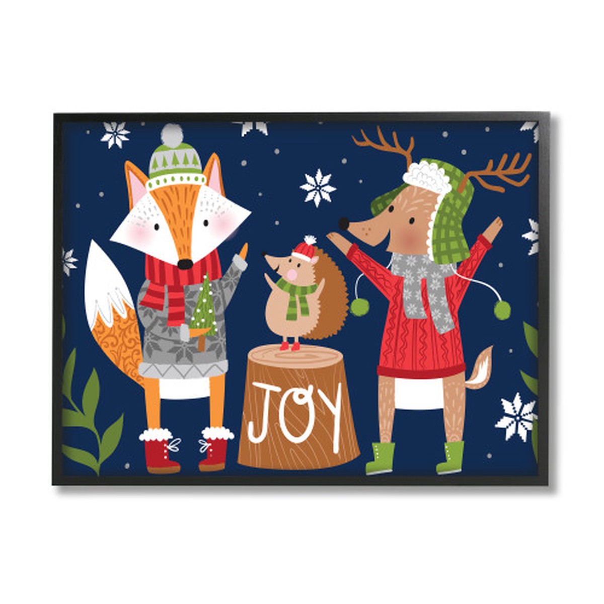 Red and Blue Snowy Winter Woodland Animals Framed Giclee Texturized Wall Art Decor 20" x 16"