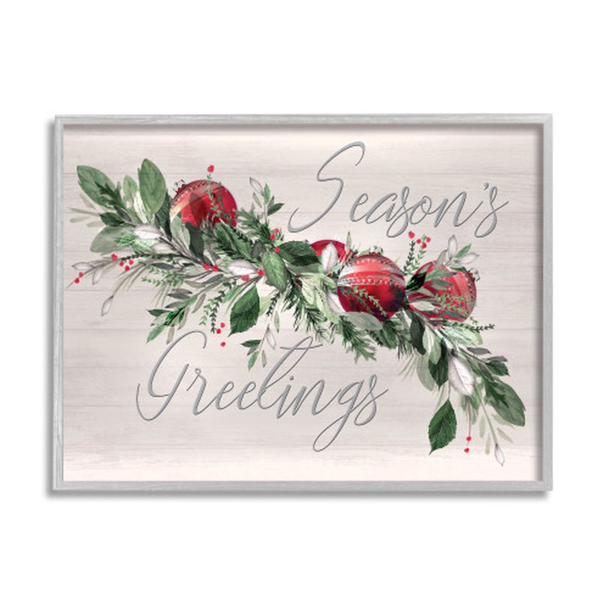 Red and Green Festive Ornaments Gray Rustic Oversized Framed Wall Art 16" x 20"