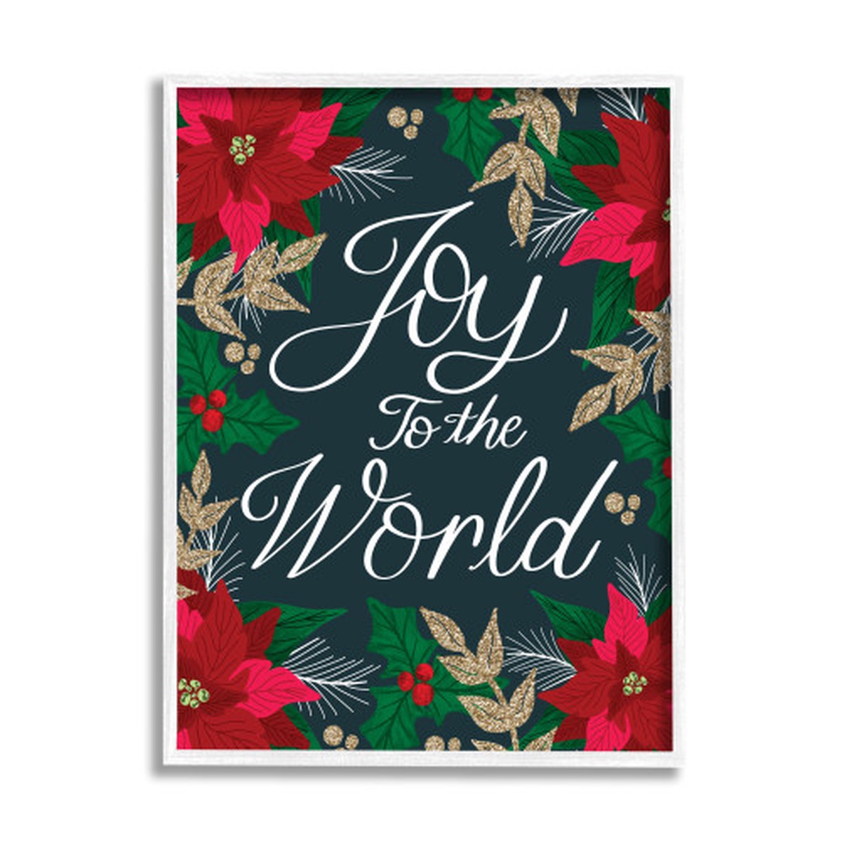 Red and Green Festive Poinsettia Florals White Framed Wall Art 20" x 16"