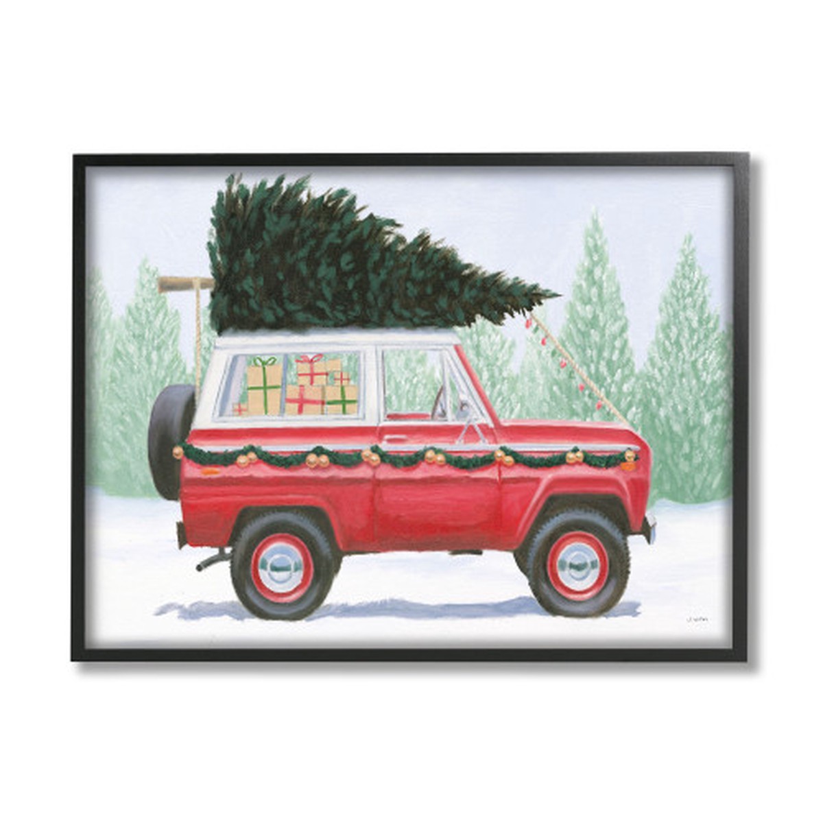 Red and Green Utility Truck with Christmas Tree Framed Wall Art Decor 24" x 30"