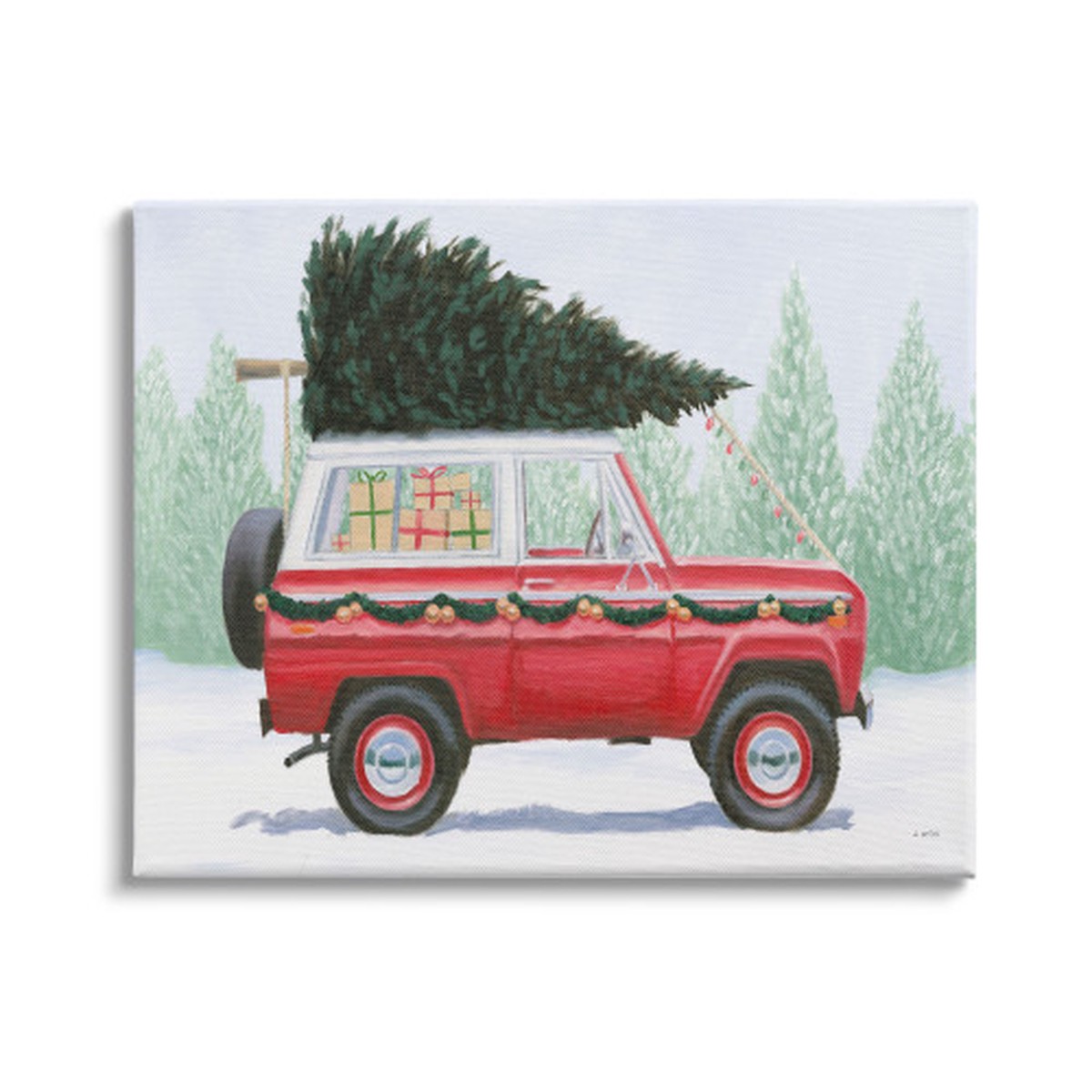 Red and Green Utility Truck with Christmas Tree Stretched Canvas Wall Art Decor 24" x 30"