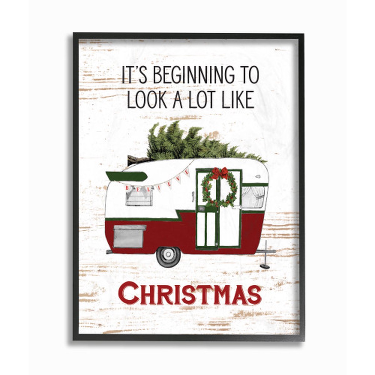 Red and White Christmas Camper Oversized Framed Giclee Texturized Art 20" x 16"