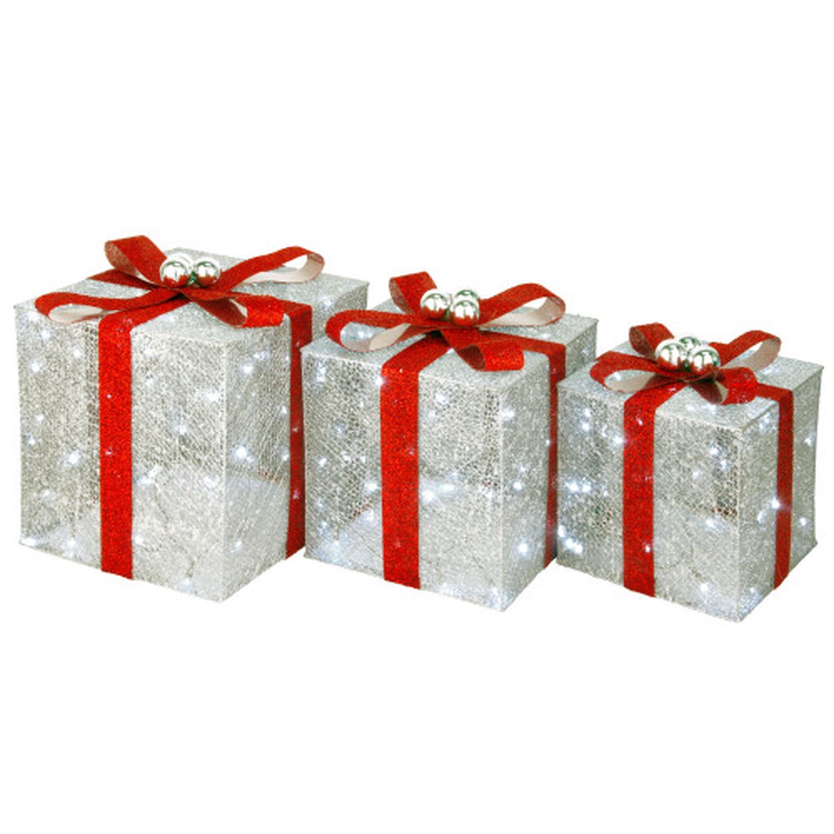 Set of 3 Pre-Lit Crystal Silver Gift Box Assortment, White Lights 19"