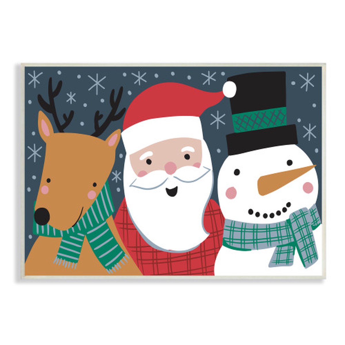 White and Blue Christmas Santa Reindeer Snowman Rectangular Wall Plaque Art 15" x 10"