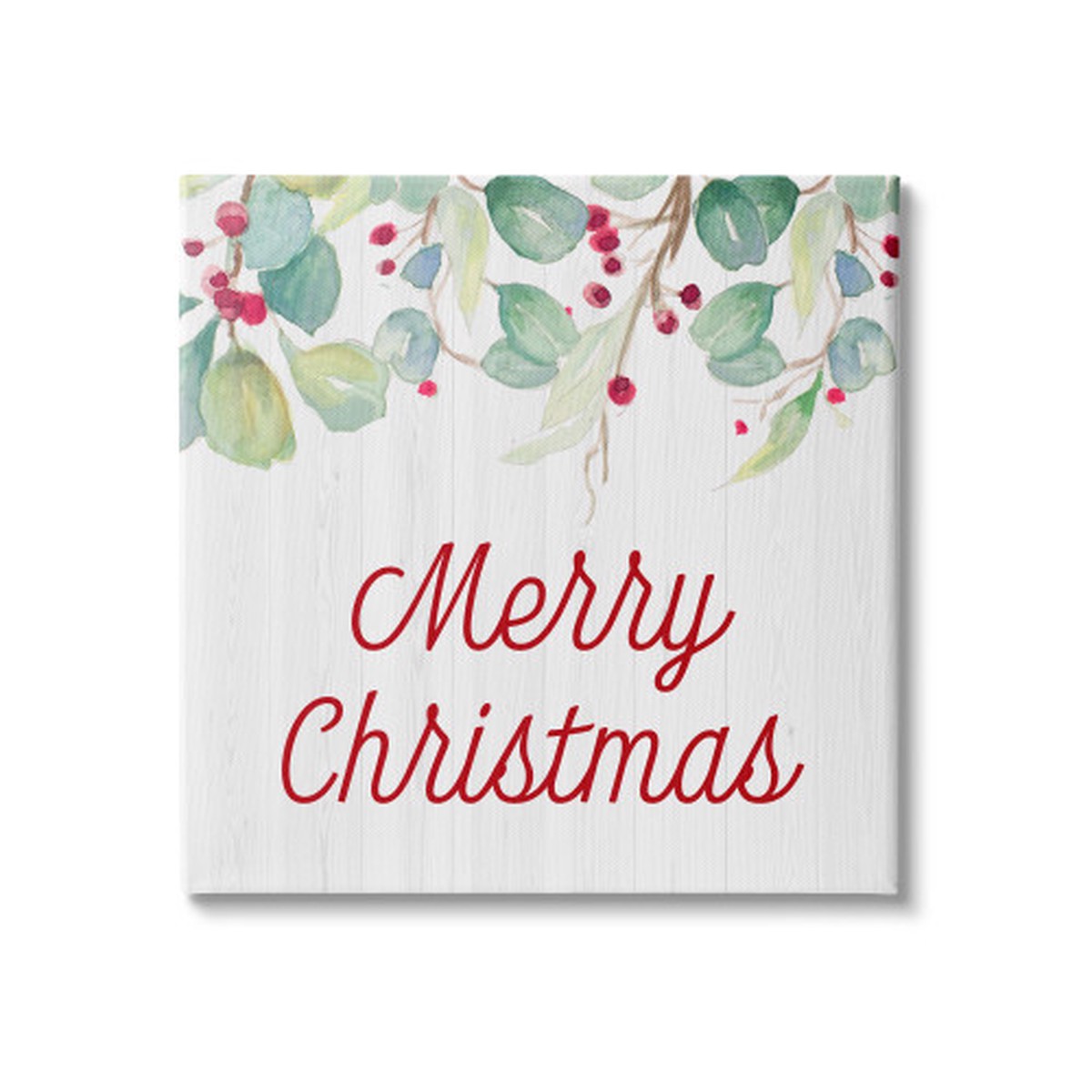 White and Green "Merry Christmas" Falling Holly Vines Stretched Wall Art 36" x 36"