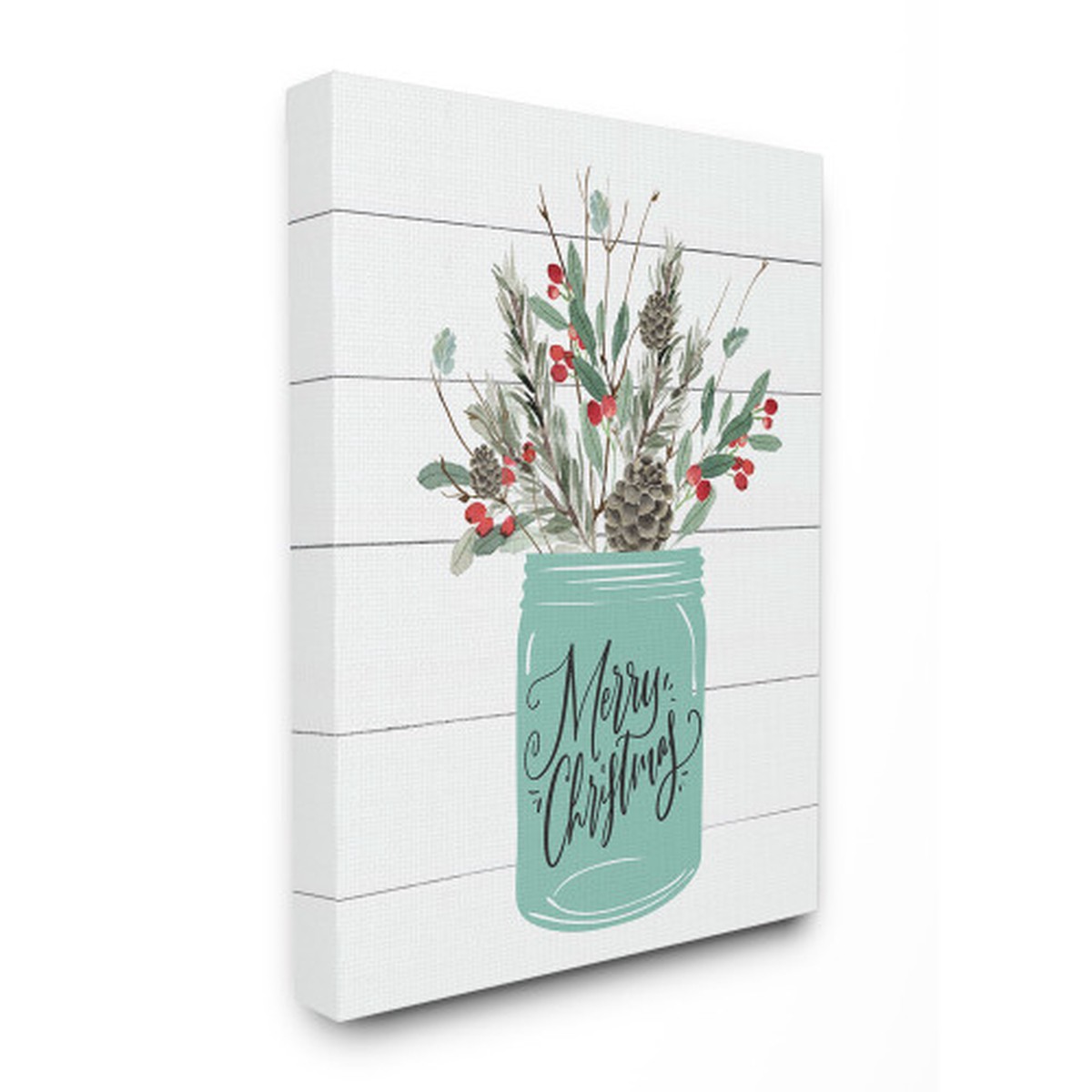 White and Green "Merry Christmas" Mason Jar with Holly Stretched Canvas Wall Art 30" x 24"
