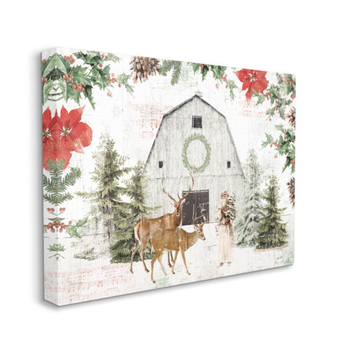 White and Red Barn Animals Winter Rectangular Christmas Canvas Wall Art Decor 30" x 24"
