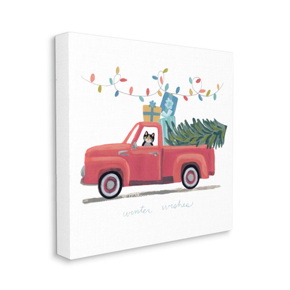 White and Red Cat in Truck Winter Wishes Phrase XXL Stretched Christmas Wall Art 36" x 36"