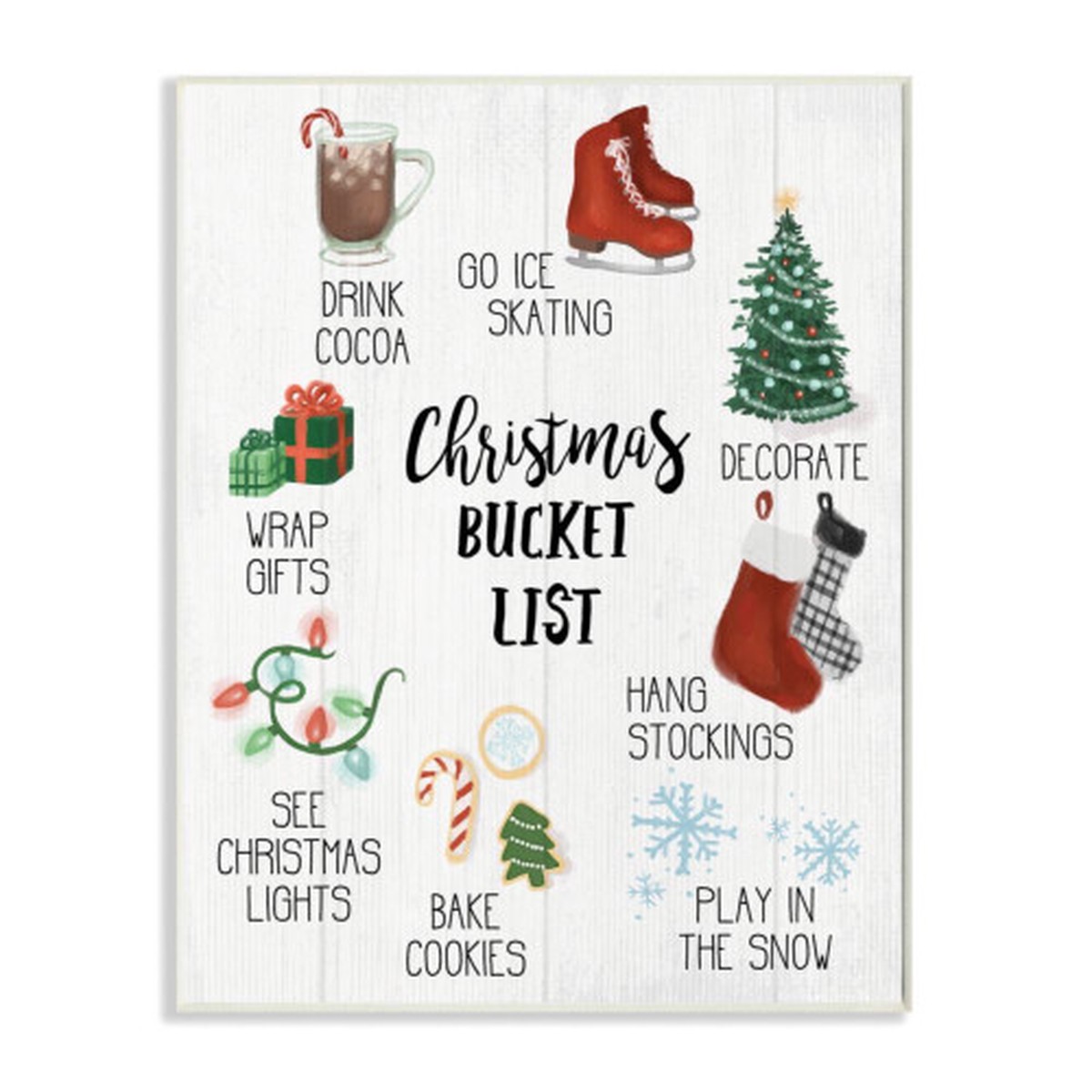 White and Red Christmas Seasonal Items Bucket List Rectangular Wall Plaque Art 15" x 10"