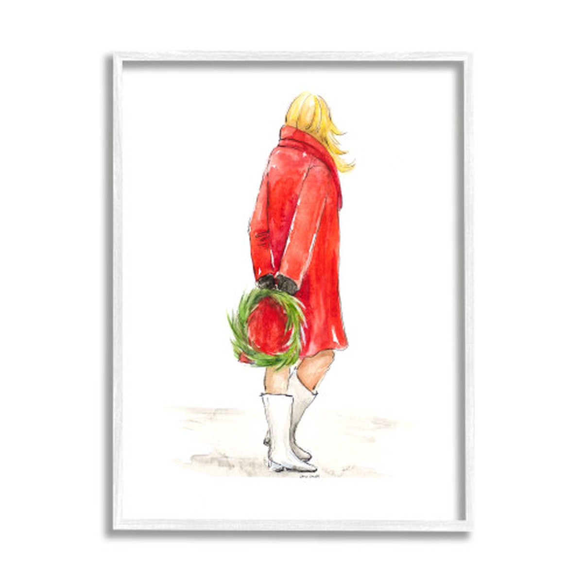 White and Red Christmas Woman with Wreath Framed Rectangular Wall Art Decor 30" x 24"