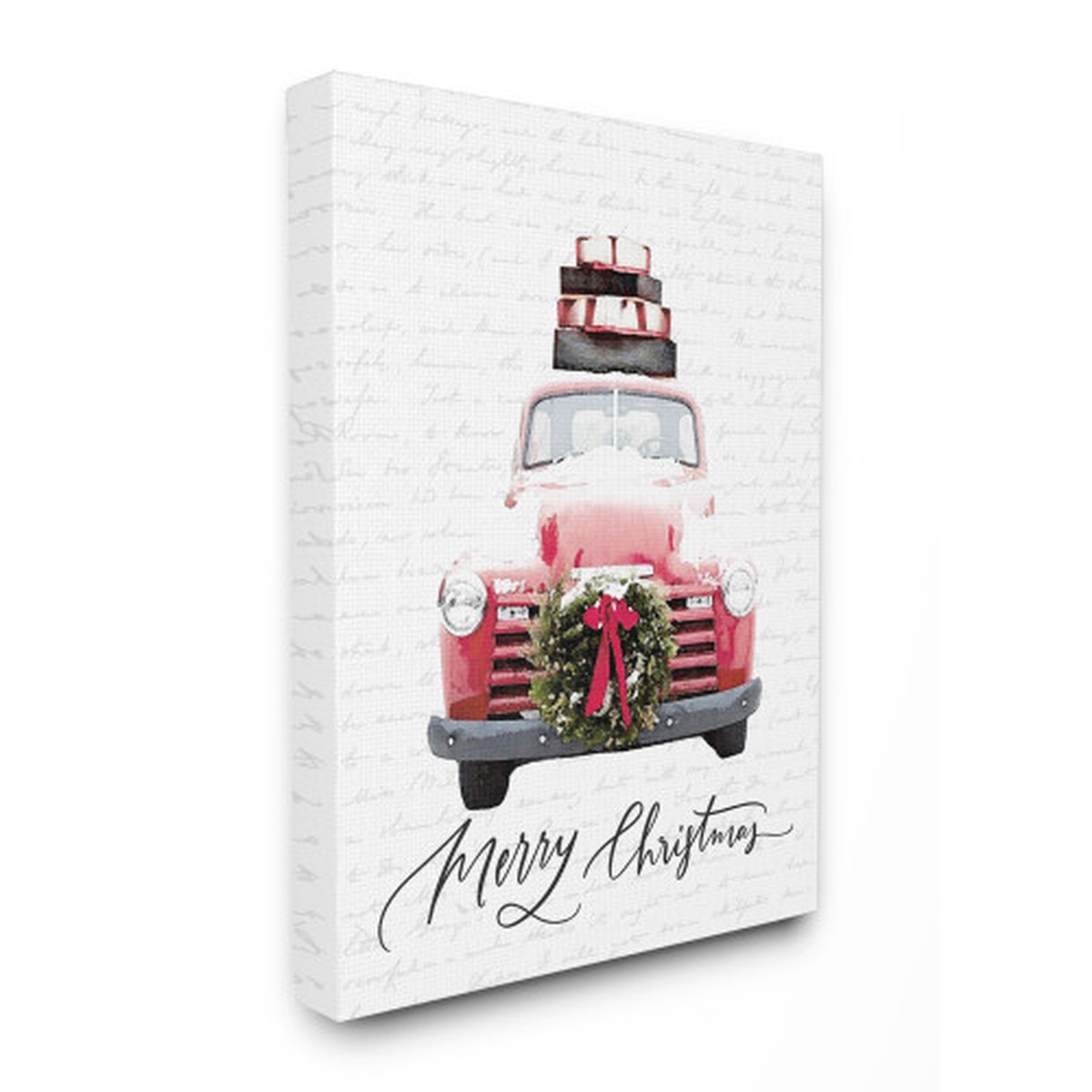 White and Red "Merry Christmas" Holiday Truck Stretched Wall Art 48" x 36"
