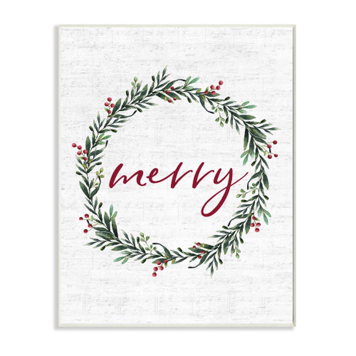 White and Red "Merry" Wreath Giclee Texturized Christmas Wall Plaque Art 15" x 10"